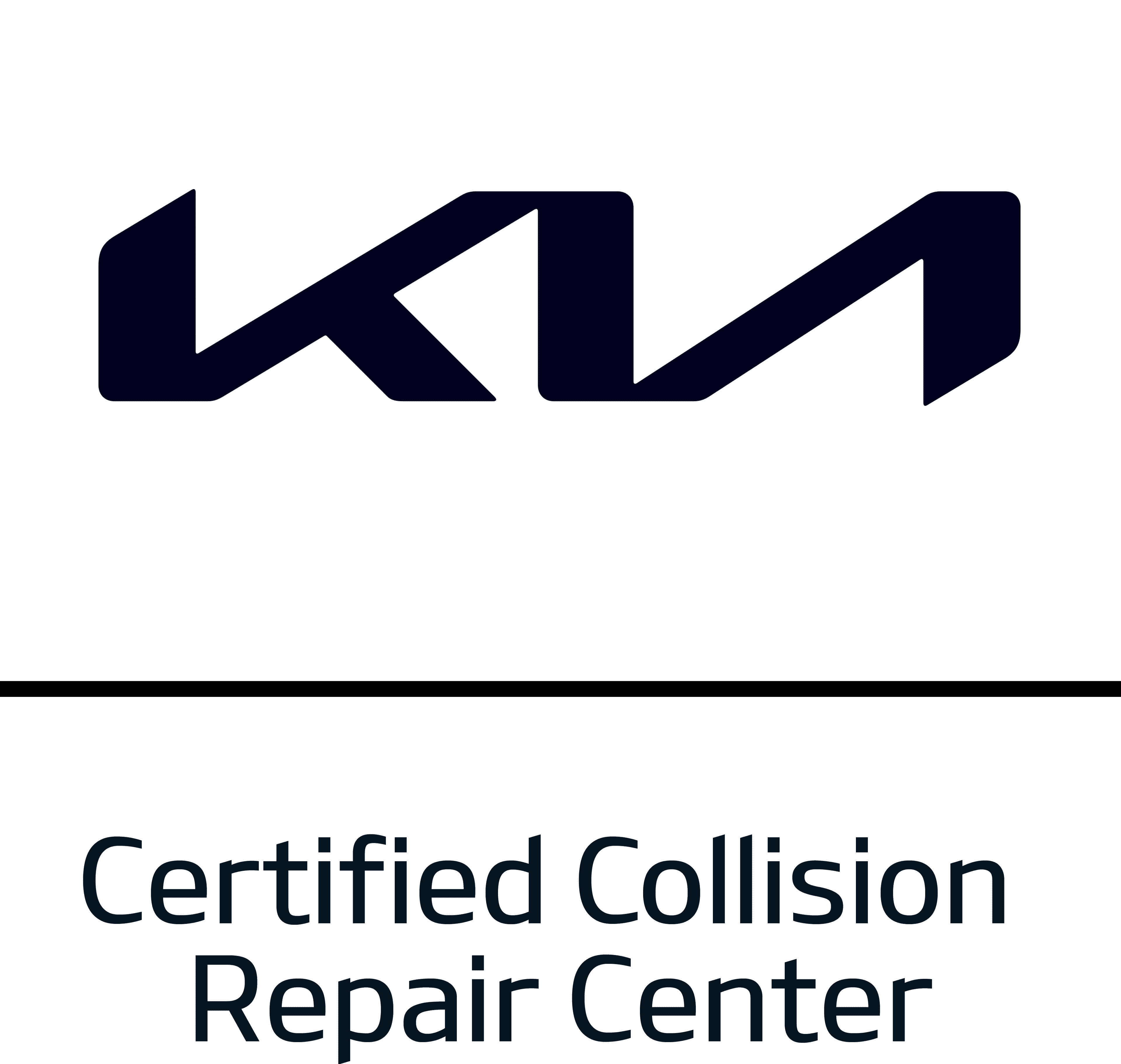 Kia logo above the text "Certified Auto Body Collision Repair Center" on a white background.