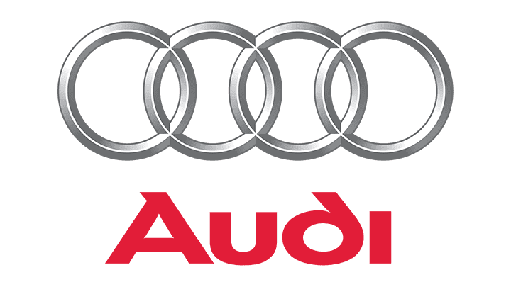 Audi logo featuring four interlocking silver rings above the word "Audi" in red text, reflecting precision in auto body craftsmanship.