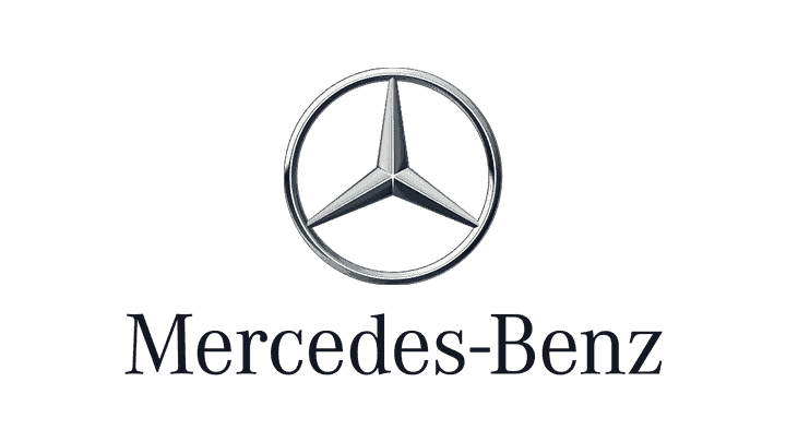 The image displays the Mercedes-Benz logo, featuring a silver three-pointed star enclosed in a circle with the text "Mercedes-Benz" below it, symbolizing excellence in auto body craftsmanship.