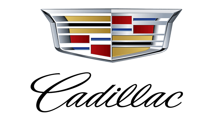 The Cadillac logo features a multicolored crest with red, blue, and gold sections above the stylized word "Cadillac," emblematic of refined auto body craftsmanship.