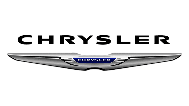 Chrysler logo featuring the text "CHRYSLER" above an emblem resembling wings, reminiscent of auto body aesthetics, with the name "Chrysler" in blue at the center.