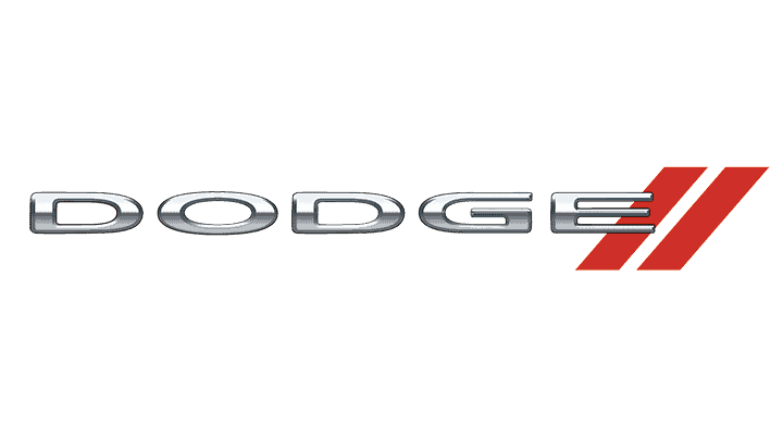 The Dodge logo, featuring the brand name in silver letters and two red diagonal stripes on the right side against a gray auto body background.