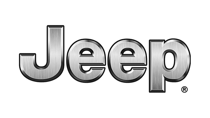 The image shows the Jeep logo, with the word "Jeep" in metallic, three-dimensional letters on a transparent background, emblematic of its rugged auto body design.