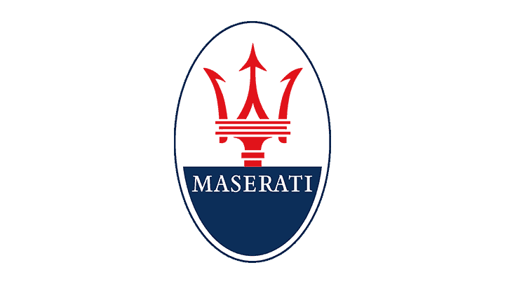 The Maserati logo, with its distinctive red trident emblem and the brand name "Maserati" in white letters, stands out strikingly against a dark blue background—a testament to its excellence in auto body design.