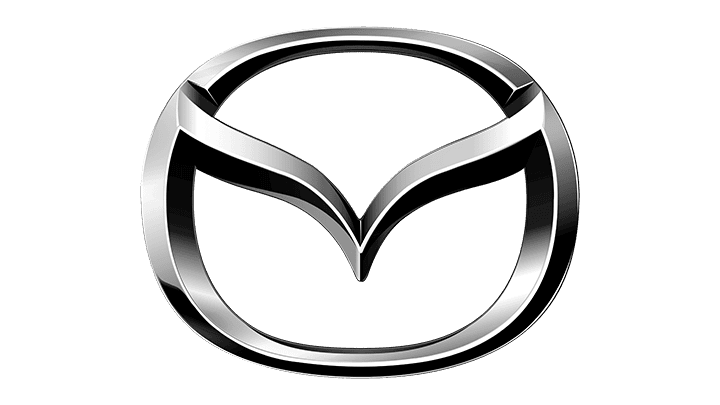 Silver and black stylized "M" logo inside an oval, representing the Mazda brand, often seen on the elegant auto body of their vehicles.