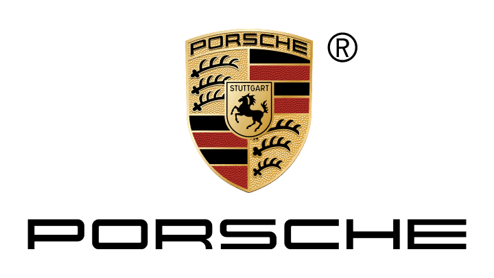The image shows the Porsche logo, featuring a shield with black and red stripes, antlers, and a horse. The brand name "Porsche" is displayed above and below the shield, embodying the luxury synonymous with high-end auto body design.