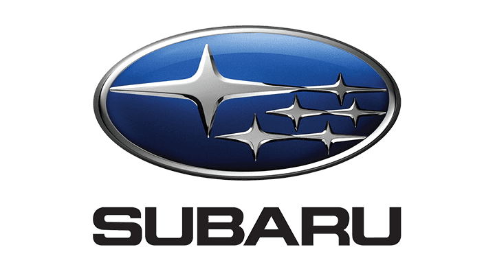The image showcases the Subaru logo: an oval shape with six silver stars on a blue background above the text "SUBARU," symbolizing its excellence in auto body design.