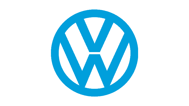 Blue Volkswagen logo on a blue auto body background.