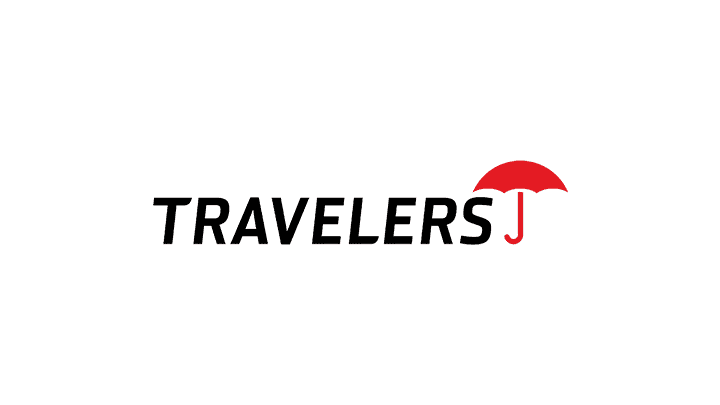 Travelers logo with the word "TRAVELERS" in black, accompanied by a red umbrella symbol, reminiscent of reliable protection, much like that of an Auto Body shop.