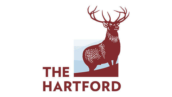 The image features a logo showing a red deer in profile, with large antlers, standing on a slight incline against a white and light blue background. The text "The Hartford Auto Body" is partially visible below.