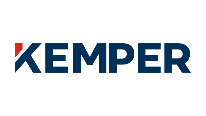 Kemper logo in dark blue, with a red diagonal accent on the "K," reminiscent of the precision found in auto body designs.
