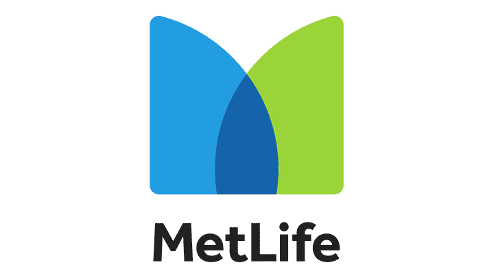 The image shows the MetLife logo, featuring a blue and green symbol resembling an "M" above the company name in black text, similar to how well-designed auto body shop logos present themselves.