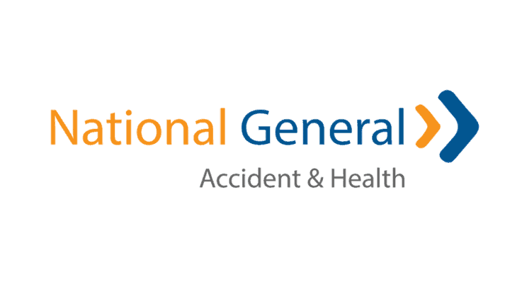 Logo for National General Accident & Health with text in orange and blue, featuring an arrow symbol on the right, reminiscent of an auto body design.