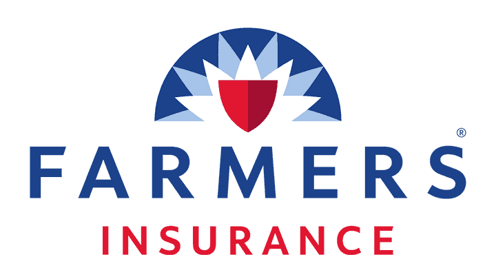 The Farmers Insurance logo features a blue and white stylized sunburst with a red shield, accompanied by the company name and "Insurance" in text underneath, evoking trustworthiness for both your home and auto body coverage needs.