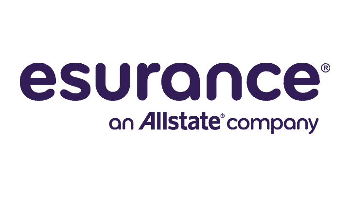 A dark purple screen with the text "esurance® an Allstate company" in a lighter purple shade, highlighting services like Auto Body repair.