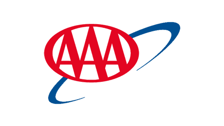 Red background with a blue, tilted ring encircling a red globe that contains the letters "AAA," reminiscent of an auto body emblem.