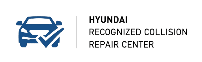 Logo featuring a blue car icon and a checkmark next to the words "HYUNDAI RECOGNIZED COLLISION REPAIR CENTER" on a light gray background, emphasizing top-notch auto body repair services.