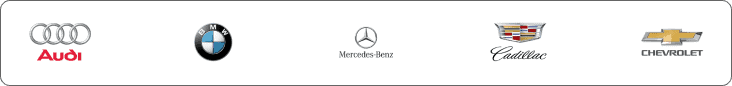 Logos of six car brands include Audi, BMW, Mercedes-Benz, Cadillac, and Chevrolet, showcasing the epitome of auto body craftsmanship.