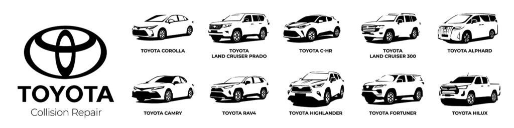 A Toyota Collision Repair advertisement features silhouettes of various Toyota car models including Corolla, Land Cruiser Prado, C-HR, Land Cruiser 300, Alphard, Camry, RAV4, Highlander, Fortuner, and Hilux. Trust our certified body shop for impeccable restoration and care.